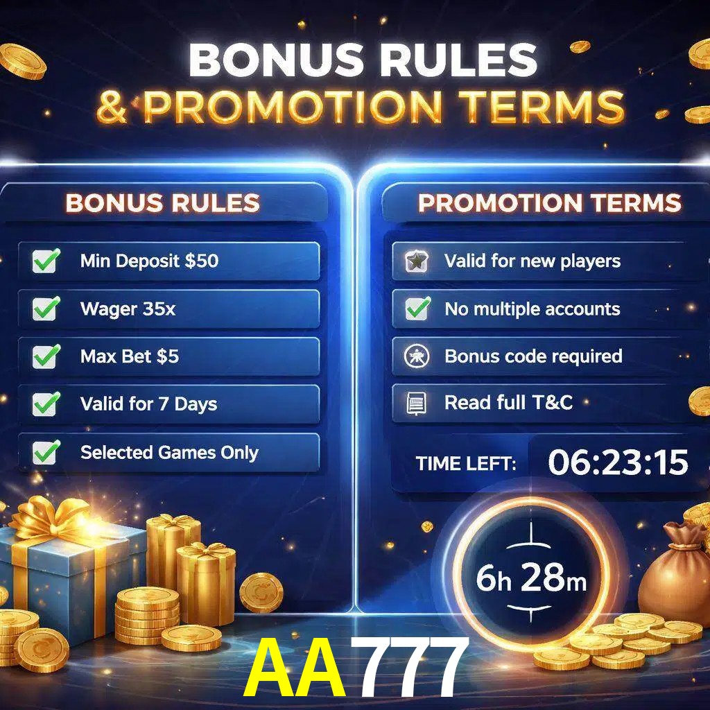 Reglas de promoción AA777 y condiciones de bonos explicadas visualmente