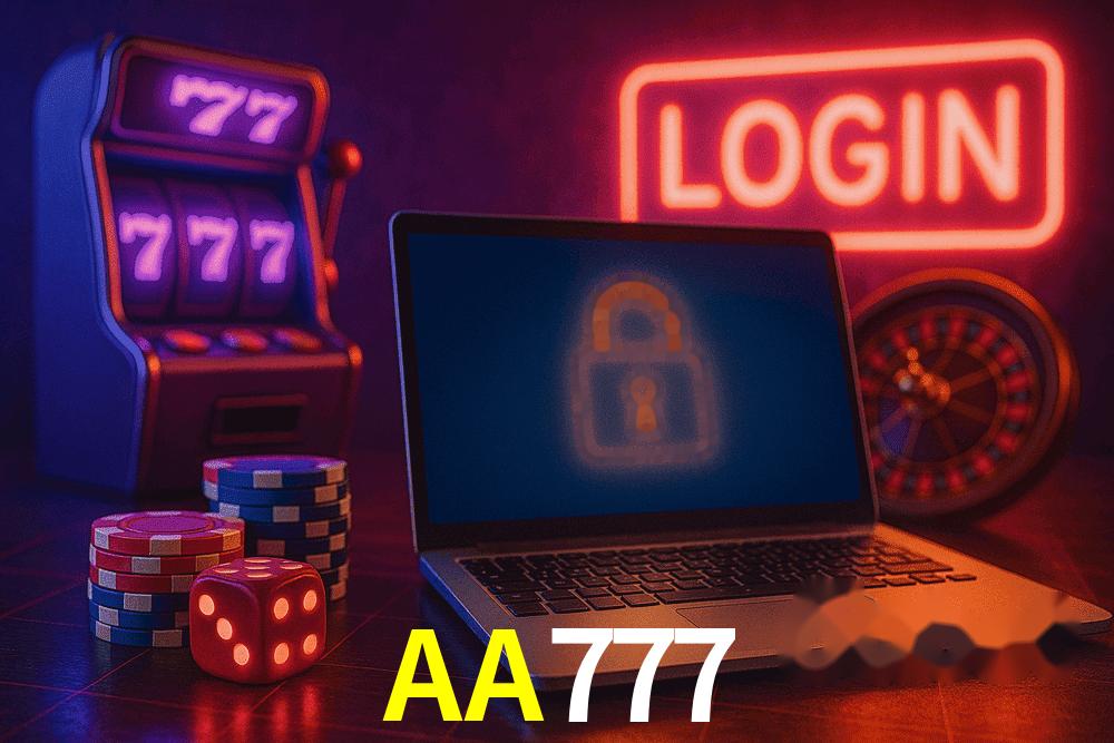 Escena dinámica inspirada en casino con iluminación AA777, cartas, fichas e íconos de juegos digitales en un espacio moderno de juegos.