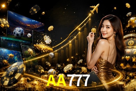 Una escena digital vívida inspirada en casino con AA777 mostrado prominentemente, luces brillantes, fichas, cartas y acentos dorados.